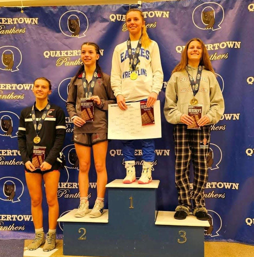 Conwell-Egan sophomore Julia Horger became the first ever PIAA Girls Wrestling South East Regional champion at 106 pounds, after the PIAA sanctioned the sport in July 2023. Souderton's Emily Sarr placed second and Quakertown's Ashley Stank took third-place in the tournament, held Feb. 25, 2024 at Quakertown High School.