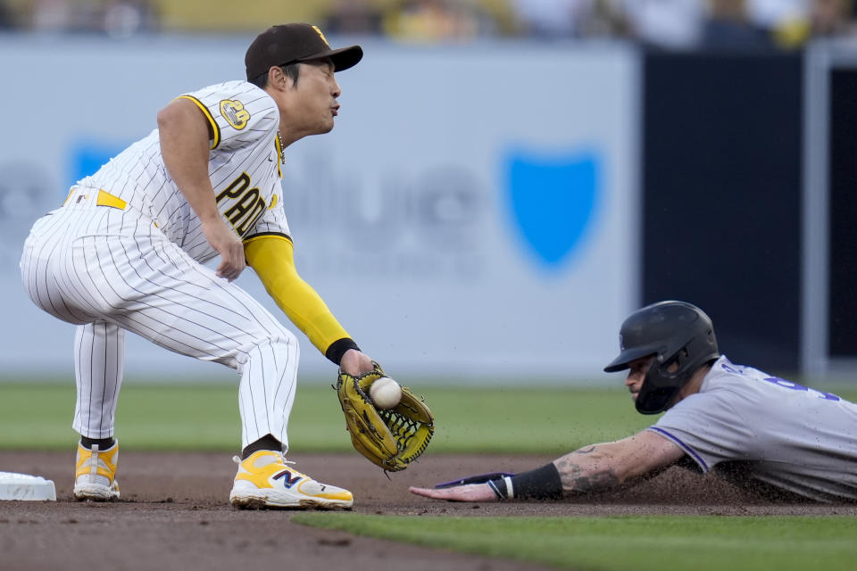 Colorado Rockies' Brenton Doyle, right, safely steals second base as San Diego Padres shortstop Ha-Seong Kim is late with the tag during the second inning of a baseball game, Monday, May 13, 2024, in San Diego. (AP Photo/Gregory Bull)