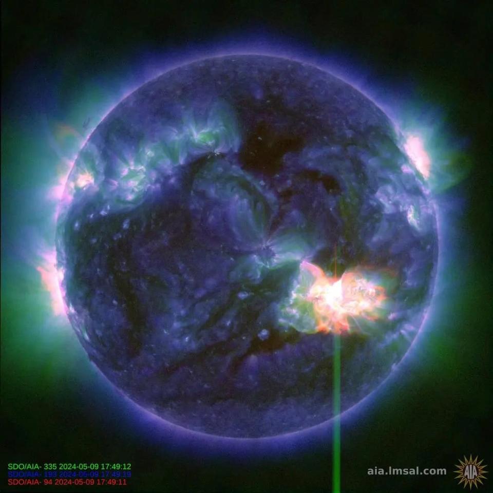 This image provided by NASA shows a solar flare, as seen in the bright flash in the lower right, captured by NASA’s Solar Dynamics Observatory on May 9, 2024. 