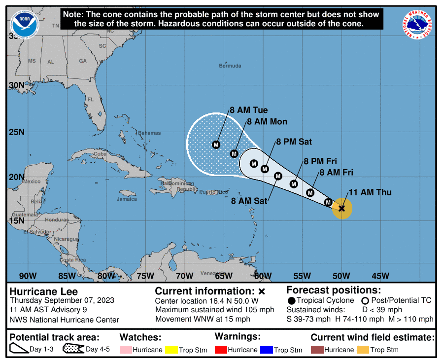 Lee formed into a hurricane Wednesday afternoon and is now at Category 2 strength Thursday morning, according to the National Hurricane Center.