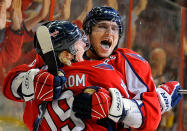 <p>Capitlas Nicklas Backstrom embraces teammate Alex Ovechkin after the team captin scored his 50th goal of the season in the 3rd period during the Washington Capitals defeat of the Atlanta Thrashers 5 – 3 at the Verizon Center in Washington DC April 9, 2010. (Photo by John McDonnell/The Washington Post via Getty Images) StaffPhoto imported to Merlin on Fri Apr 9 23:50:09 2010 </p>