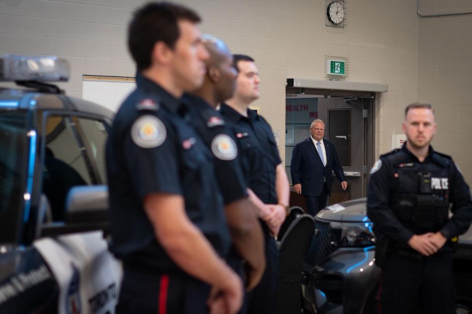 Ontario Premier Doug Ford arrives at the Toronto Police College for a press conference in Etobicoke, Ont., on Tuesday, April 25, 2023. THE CANADIAN PRESS/ Tijana Martin