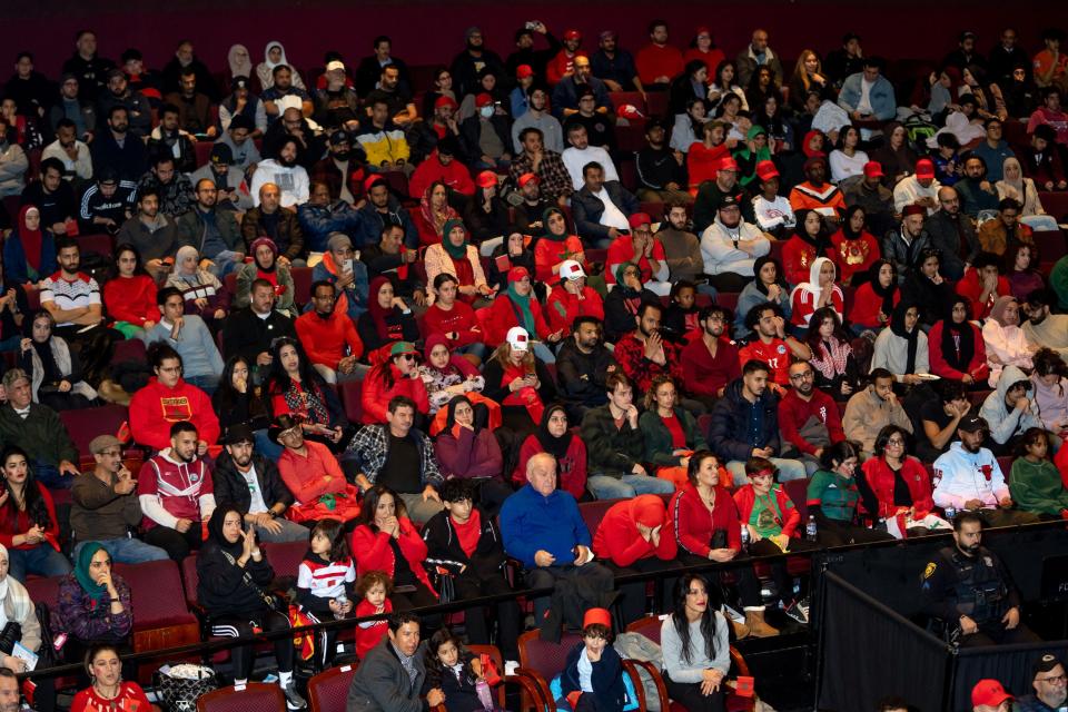 A Dearborn crowd of mostly Arab American supporters of the Moroccan World Cup soccer team watches the semifinal match at the Ford Community and Performing Arts Center on Dec. 14, 2022.