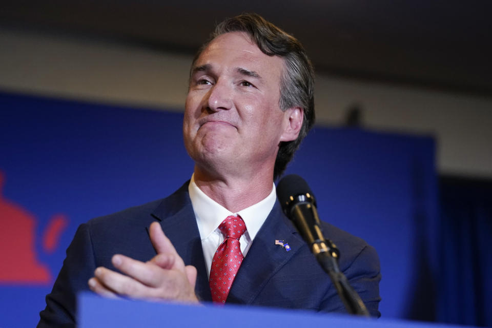 Virginia Gov.-elect Glenn Youngkin speaks at an election night party in Chantilly, Va., early Wednesday, Nov. 3, 2021, after he defeated Democrat Terry McAuliffe. (AP Photo/Andrew Harnik)