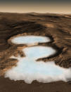 An artist's conception shows what NASA's Mars Reconnaissance Orbiter has revealed, vast Martian glaciers of water ice under protective blankets of rocky debris at much lower latitudes than any ice previously identified on the Red Planet. Scientists analyzed data from the spacecraft's ground-penetrating radar and report in the November 21, 2008 issue of the journal Science that buried glaciers extend for dozens of miles from edges of mountains or cliffs. REUTERS/NASA/Handout (UNITED STATES) QUALITY FROM SOURCE. FOR EDITORIAL USE ONLY. NOT FOR SALE FOR MARKETING OR ADVERTISING CAMPAIGNS.