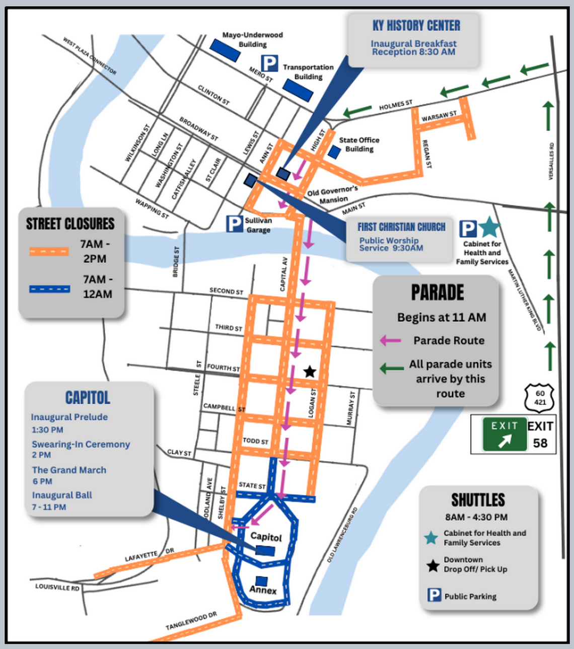 Several streets in Frankfort will be closed Tuesday, Dec. 12 for the inauguration of Gov. Andy Beshear, but public parking and a shuttle service will be made available. Map courtesy of the Governor's Communication Office