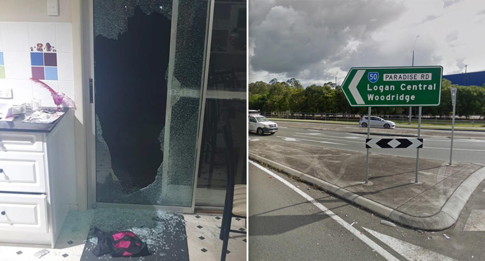 A split photo showing the damage to the Slacks Creek home on the left, and a street sign for Paradise Road on the right.