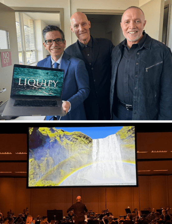 Salgado, Smith and Abels (top) with an image from “Liquify” (bottom) as presented at the Adler Theatre Feb. 3, 2024 (courtesy of Jose Francisco Salgado).