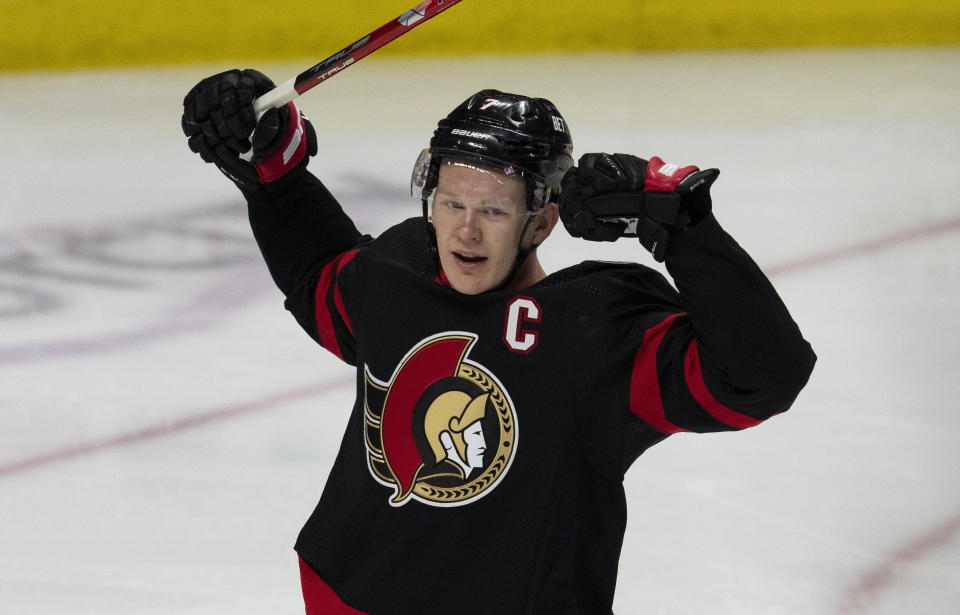 Ottawa Senators left wing Brady Tkachuk celebrates his goal during the third period of an NHL hockey game against the Detroit Red Wings, Tuesday, Feb. 28, 2023 in Ottawa, Ontario. (Adrian Wyld/The Canadian Press via AP)