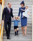 <p>Duchess Kate's blue Jenny Packham dress and maple leaf brooch coordinated with her family as they began their eight-day tour in Canada.</p>