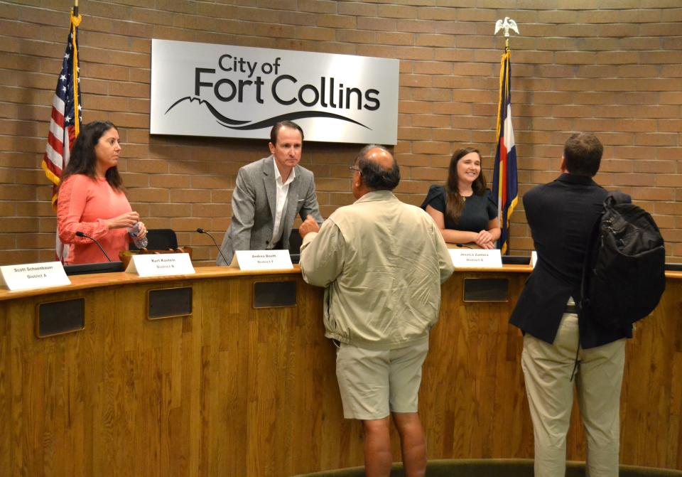 Poudre School District candidates speak to community members and one another following a League of Women Voters forum Monday at the Fort Collins City Council Chambers in Fort Collins.