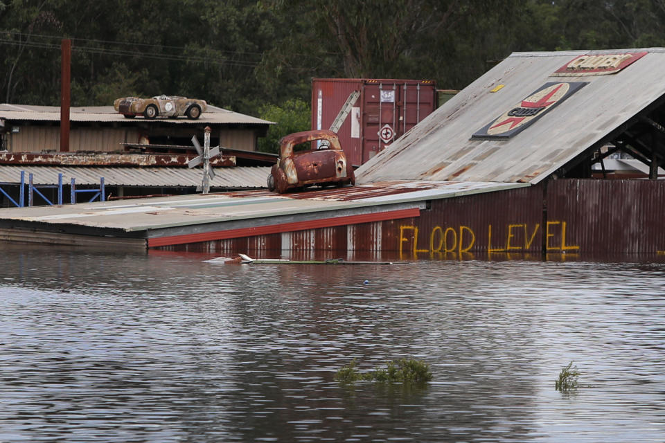 Buildings are seen inundated by floodwaters along the Hawkesbury River in Windsor on March 09, 2022