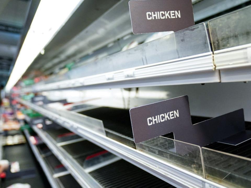 A chicken display case is seen nearly empty at a Giant Food grocery store in Washington on January 9, 2022.