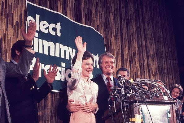 American politician and US Presidential candidate Jimmy Carter (center, right) and his wife, Rosalynn Carter, smile after his victory in the Pennsylvania Primary election, Philadelphia, Pennsylvania, April 27, 1976. (Photo by Mikki Ansin/Getty Images)