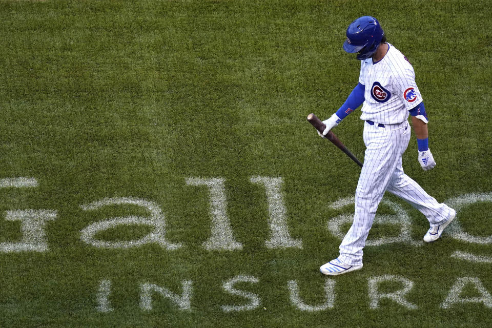 Chicago Cubs' Kris Bryant walks to the dugout after being called out on strikes during the first inning of a baseball game against the St. Louis Cardinals in Chicago, Sunday, Sept. 6, 2020. (AP Photo/Nam Y. Huh)