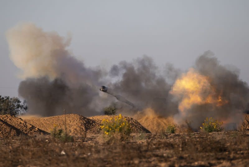 An Israeli 155 self-propelled Howitzer fires from southern Israeli into Rafah in the southern Gaza Strip on Tuesday. Israel entered Raffia and took over the Keren Shalom crossing on May 6 in what appeared to be a "limited" ground offensive against Hamas. Photo by Jim Hollander/UPI