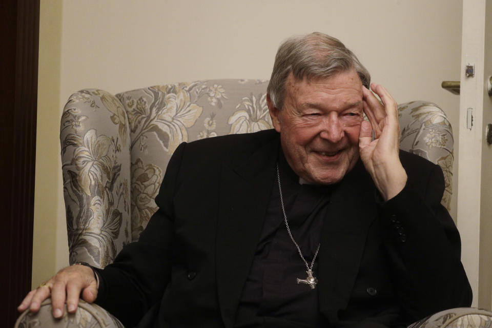 Cardinal George Pell has a light moment during an interview with the Associated Press inside his residence near the Vatican in Rome, Monday, Nov. 30, 2020. The pope’s former treasurer, who was convicted and then acquitted of sexual abuse in his native Australia, said Monday he feels a dismayed sense of vindication as the financial mismanagement he tried to uncover in the Holy See is now being exposed in a spiraling Vatican corruption investigation. (AP Photo/Gregorio Borgia)