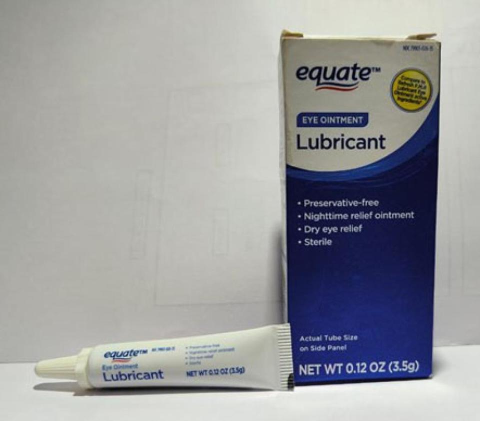 Equate Lubricant Eye Ointment in a 3.5-gram tube, packaged in box with UPC code: 681131395298. / Credit: U.S. Food and Drug Administration