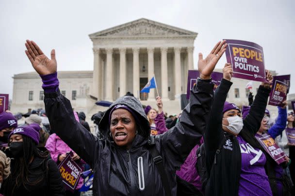 PHOTO: Members of the League of Women voters rally for voting rights outside the U.S. Supreme Court to hear oral arguments in the Moore v. Harper case on December 7, 2022 in Washington, DC. (Drew Angerer/Getty Images)