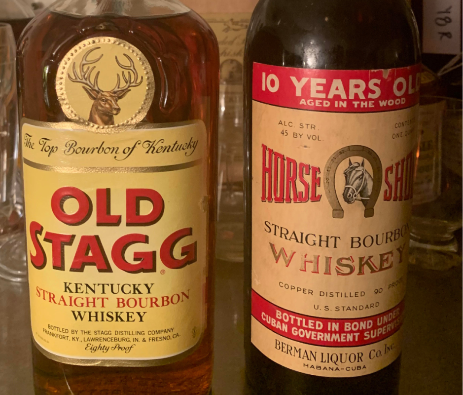 <em>A bottle of Horse Shoe Straight Bourbon Whiskey, with its paradoxical Cuban label, sits defiantly next to a classic dusty find, Old Stagg Kentucky Straight Bourbon Whiskey.</em><p>Kevin Minnick</p>