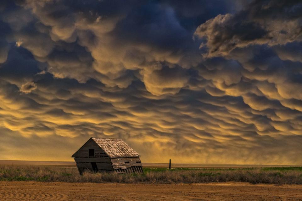 <p>The stormy skies in the middle of a field in Oklahoma create a striking effect. </p>