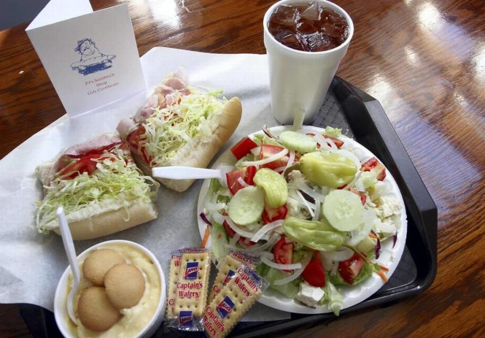 A small turkey, ham, cheese and bacon sub, a small Greek salad and a banana pudding from PJ’s Sandwich Shop in Parrish.