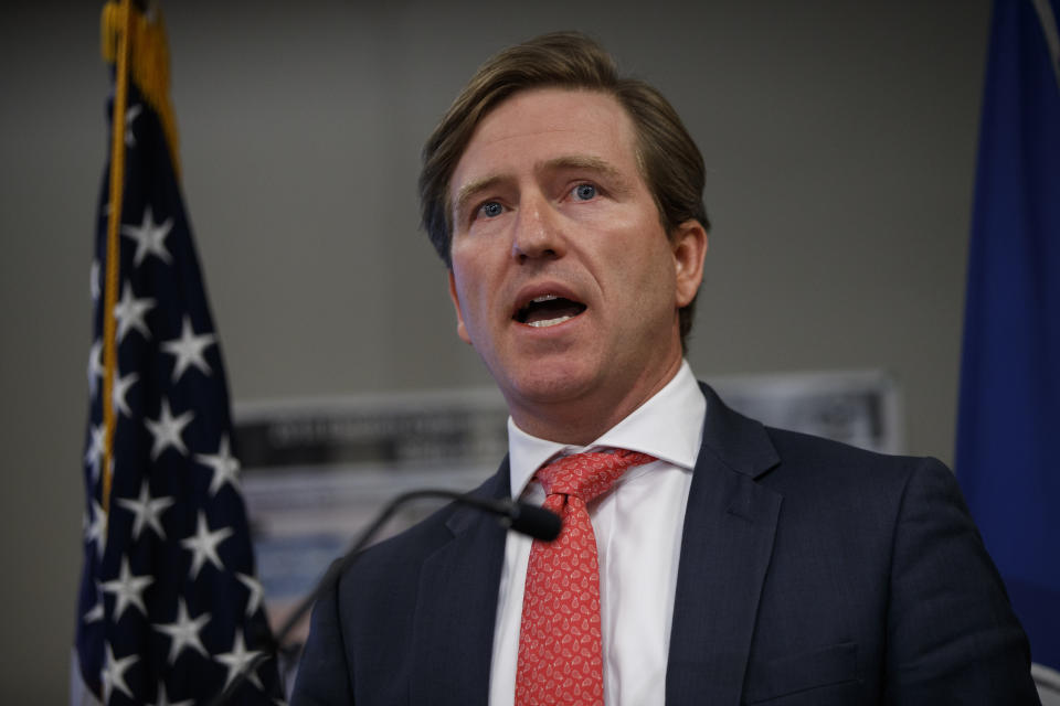 Christopher Krebs, undersecretary of the Department of Homeland Security's National Protection and Programs Directorate, speaks during a news conference on election cyber security, Friday, Oct. 19, 2018, in Arlington, Va. (AP Photo/Evan Vucci)