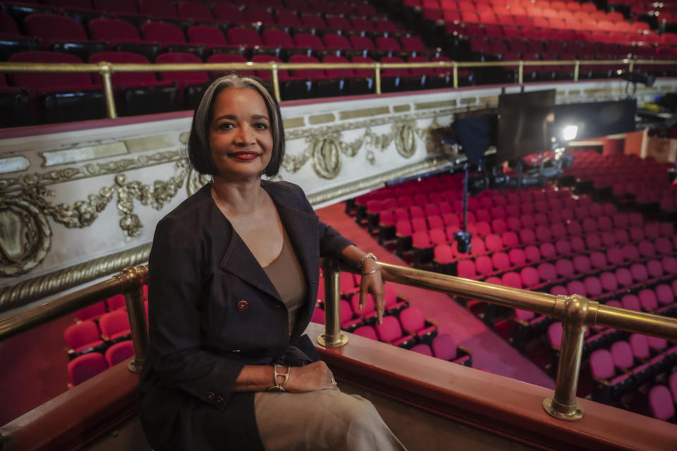 Apollo President and CEO Jonelle Procope, who will be ending her 20-year run leading the organization on June 12, poses inside the Apollo Theatre, Monday June 5, 2023, in New York. Procope has been critical in fundraising for the theater's renovations that have worked to restore it to its former glory. (AP Photo/Bebeto Matthews)