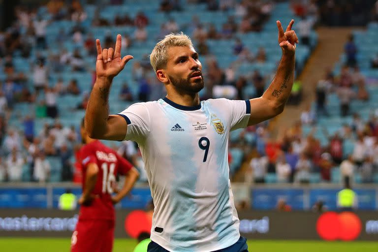 Agüero celebra un gol ante Qatar, durante la última Copa América de Brasil, en 2019