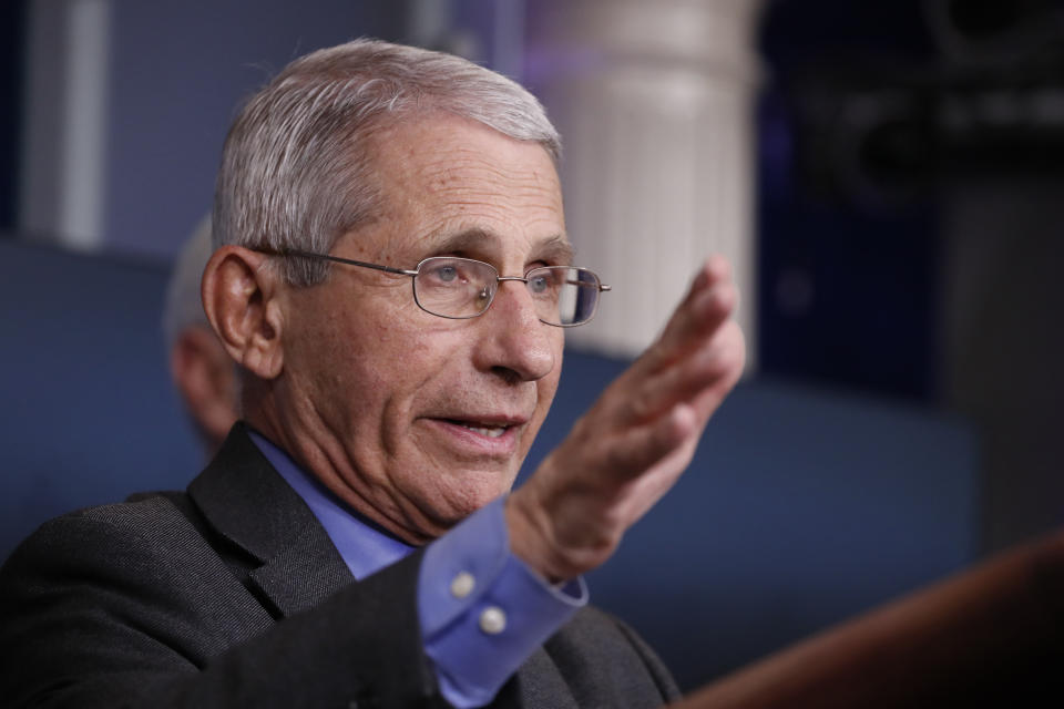 Dr. Anthony Fauci, director of the National Institute of Allergy and Infectious Diseases, speaks about the coronavirus in the James Brady Press Briefing Room at the White House, Monday, April 13, 2020, in Washington. (AP Photo/Alex Brandon)