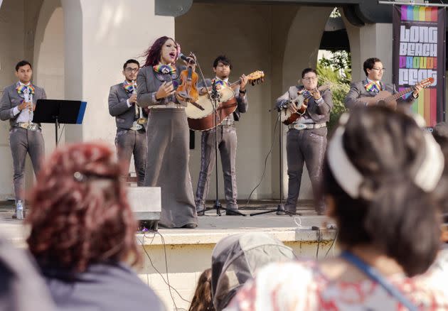 Band members of Mariachi Arcoiris, an L.A.-based group, and the world's first all-LGBTQ mariachi band, perform at the Long Beach Proud Festival in Los Angeles on May 20, 2023.