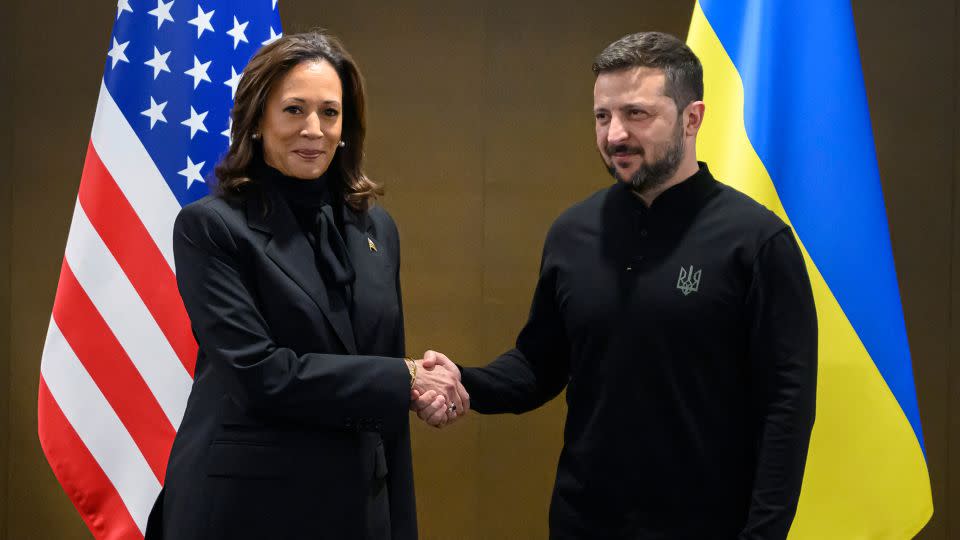 US Vice President Kamala Harris (left) shakes hands with Ukraine's President Volodymyr Zelensky during a meeting on the sideline of the peace summit taking place in Switzerland on Saturday and Sunday. - Alessandro Della Valle/AFP/Getty Images