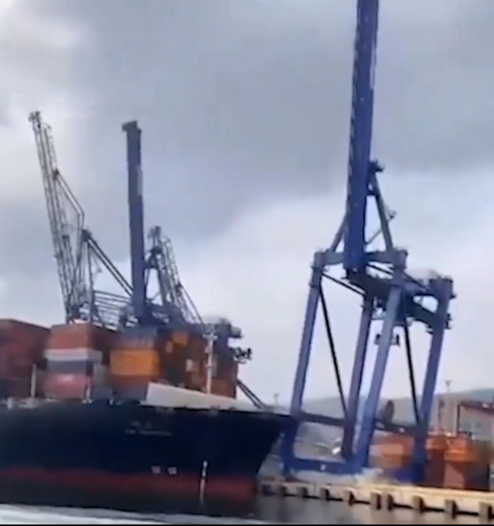 陽明海運貨輪土耳其進港撞倒4起重機「骨牌式」坍塌。（圖／翻攝自X）