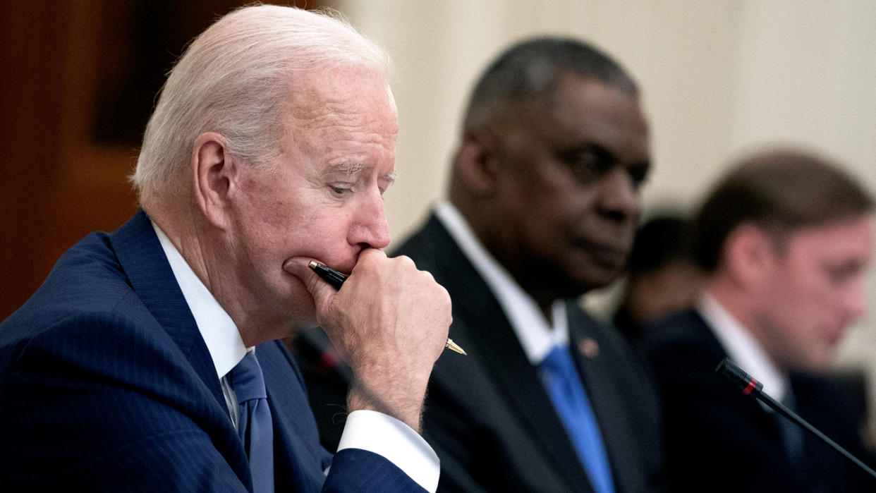 U.S. President Joe Biden listens during an expanded bilateral meeting with President Moon Jae-in of the Republic of Korea in the State Dining Room of the White House on May 21, 2021. (Stefani Reynolds-Pool/Getty Images)