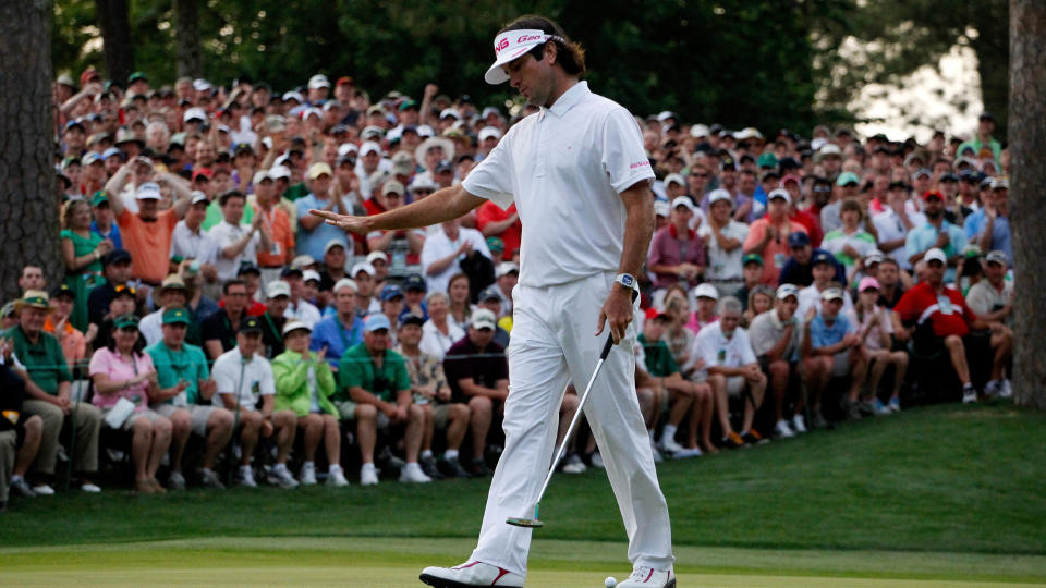 Bubba Watson calms the crowd before holing his putt to win the 2012 Masters