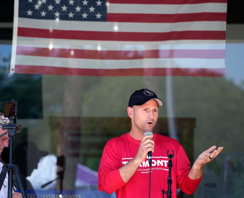 Chase Tramont, shown speaking at a Flag Day rally at the Volusia County Republican Party Headquarters in New Smyrna Beach in June, won a seat in the Florida House on Tuesday, defeating Robyn Hattaway.