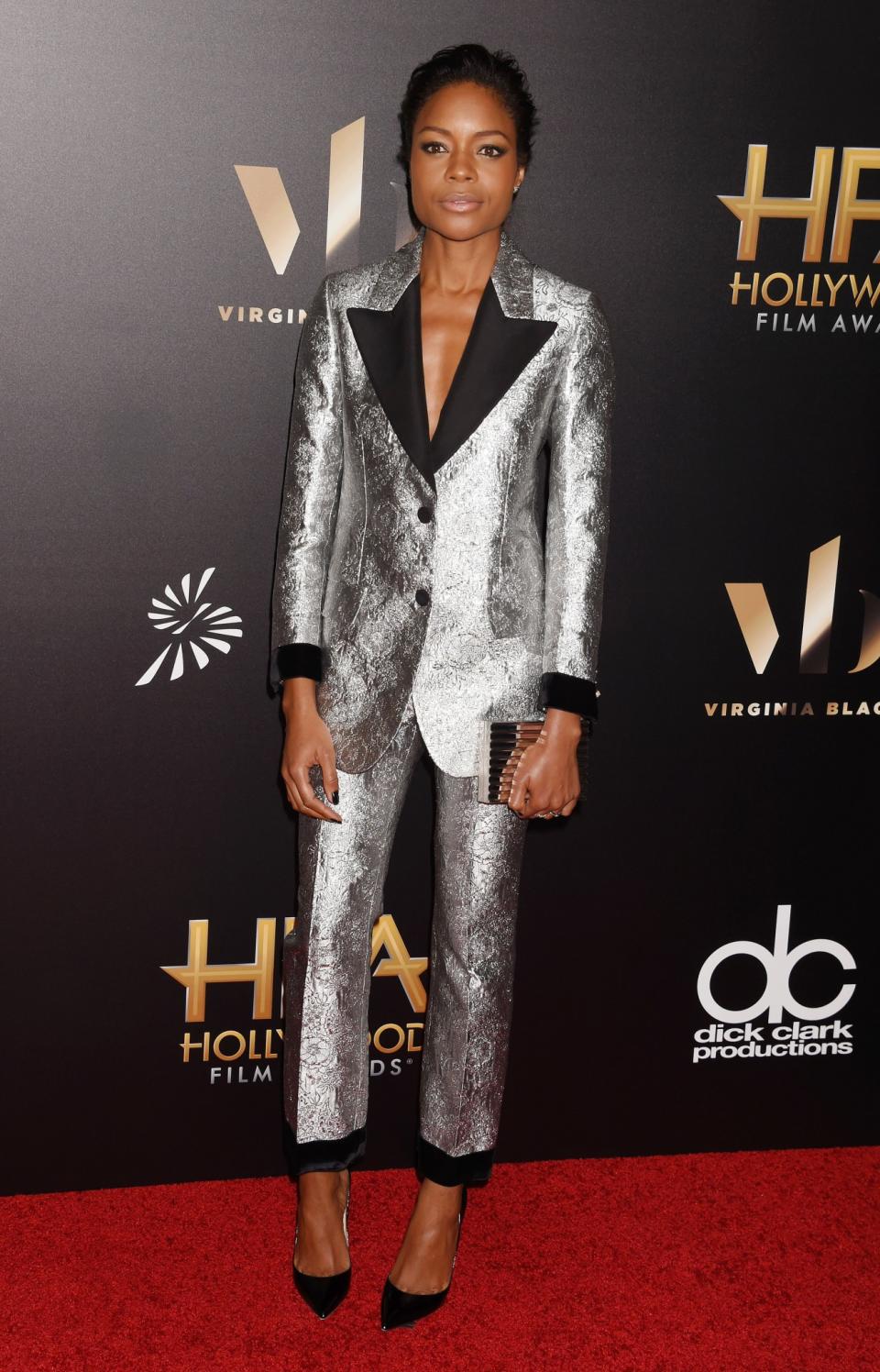 <p>We’re used to seeing Naomie Harris in an assortment of lovely dresses, but we were just as happy to see her in this futuristic menswear-inspired suit. <i>(Photo by Jeffrey Mayer/WireImage)</i> </p>