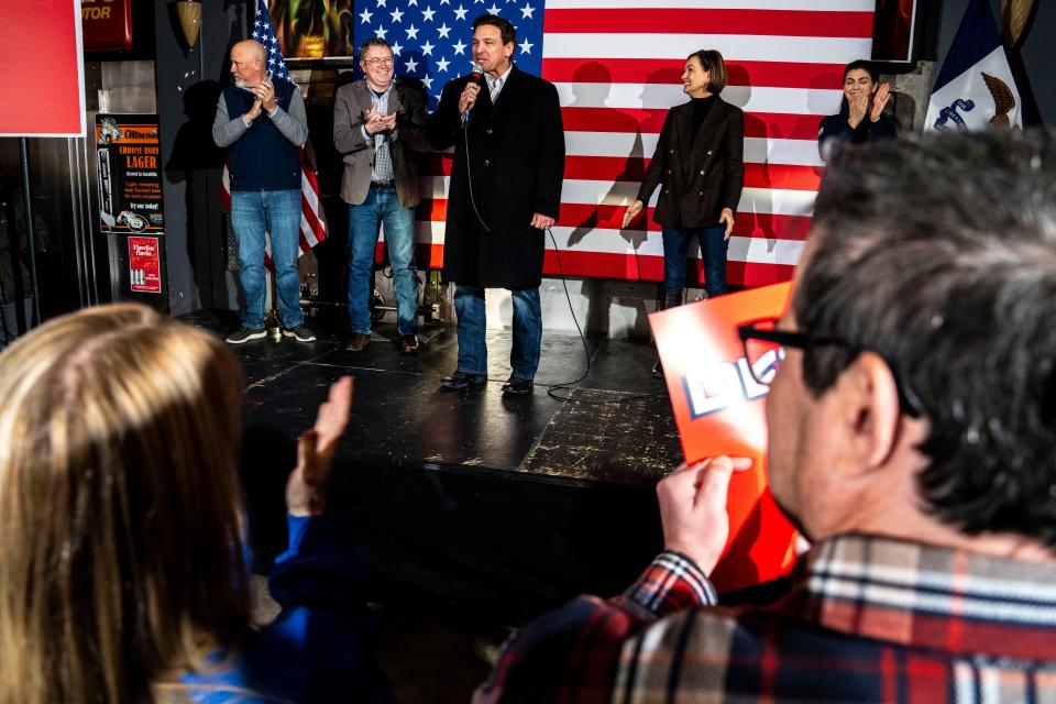 Florida Gov. Ron DeSantis speaks during a campaign stop on Sunday, Jan. 14, 2024, at Chrome Horse Saloon in Cedar Rapids.