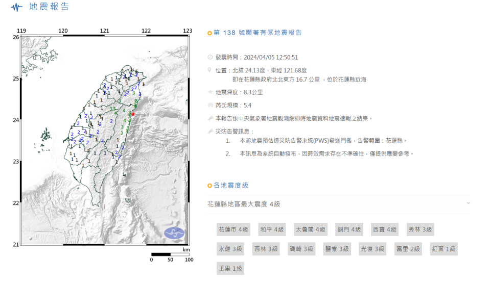 4月5日中午12時50分花蓮近海發生規模5.4地震。翻攝氣象署官網