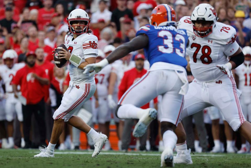 Utah quarterback Cameron Rising (7) drops back to pass against Florida during the first quarter at Steve Spurrier-Florida Field.