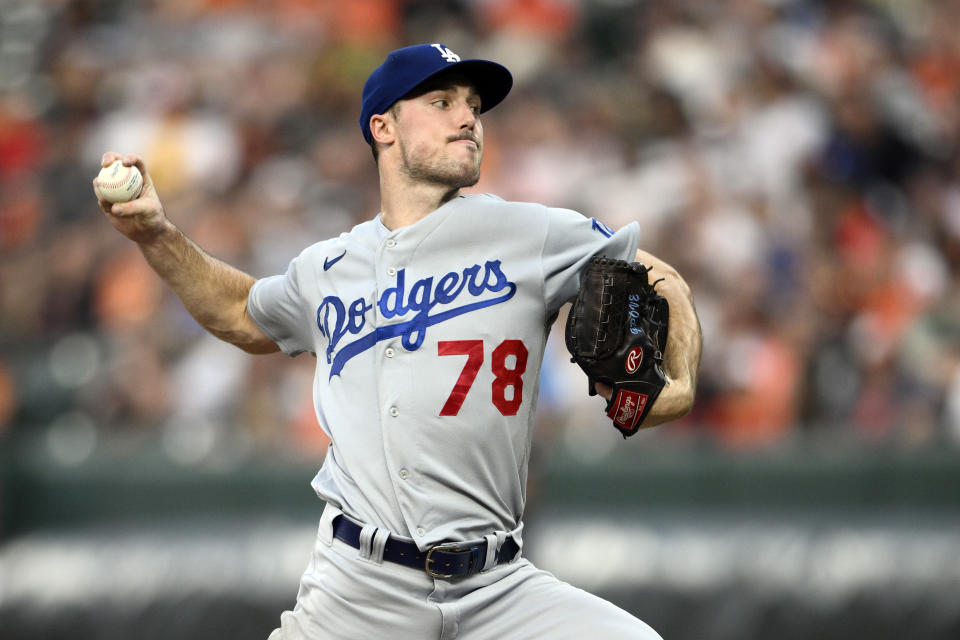 Los Angeles Dodgers starting pitcher Michael Grove throws during the second inning of a baseball game against the Baltimore Orioles, Tuesday, July 18, 2023, in Baltimore. (AP Photo/Nick Wass)