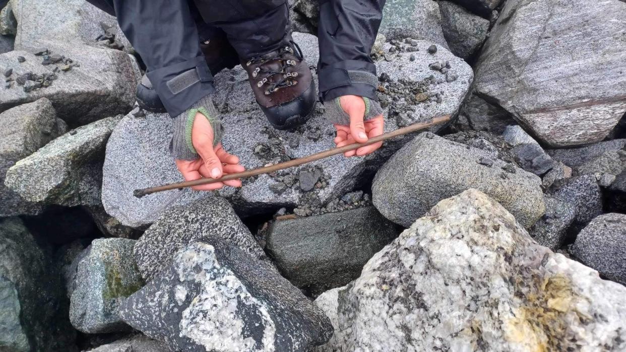 A field photo of the Stone Age arrow found in Norway.