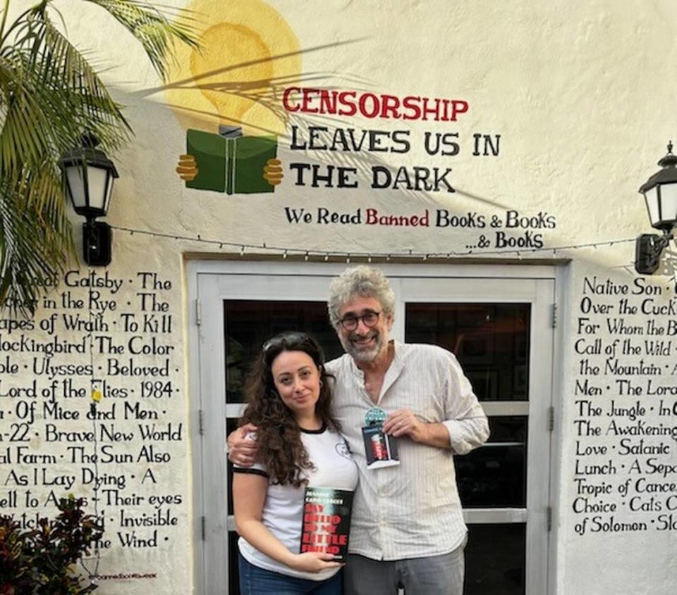 Jennine Capó Crucet with Books & Books owner Mitchell Kaplan at the Coral Gables store, where she’ll kick off her book tour. Her new home of Greensboro, North Carolina, has a great independent bookstore, she says, “but it’s no Books & Books.”