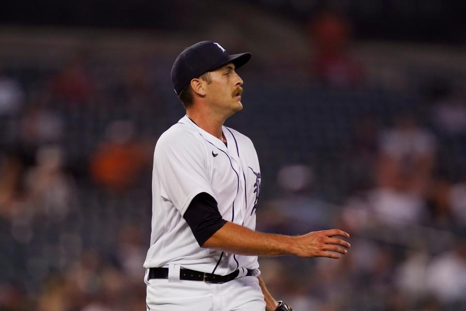 Detroit Tigers relief pitcher Jason Foley walks off the mound during the seventh inning of a baseball game against the Toronto Blue Jays, Saturday, Aug. 28, 2021, in Detroit.