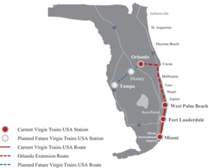 Current and planned Brightline/Virgin Trains USA routes