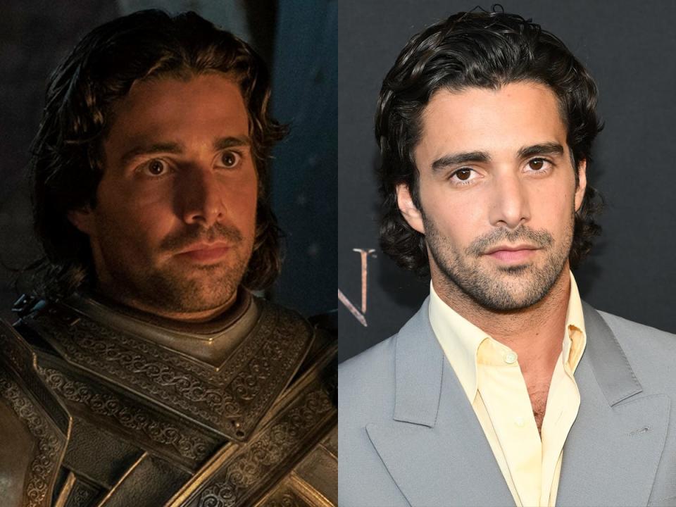 A side-by-side image of a character (Criston Cole) in "House of the Dragon" and actor Fabien Frankel.