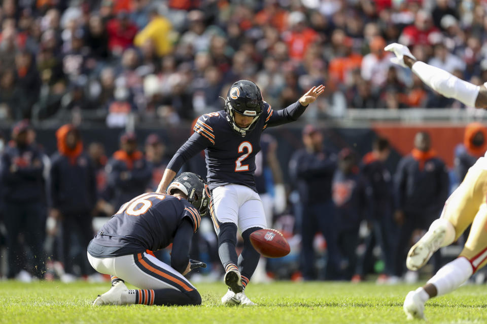 Chicago Bears kicker Cairo Santos (2) kicks a field goal during the first quarter against the San Francisco 49ers at Soldier Field Sunday, Oct. 31, 2021, in Chicago. (Armando L. Sanchez/Chicago Tribune/Tribune News Service via Getty Images)