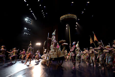 Dancers are seen on stage during a performance of masked theatre known as Khon which was recently listed by UNESCO, the United Nations' cultural agency, as an intangible cultural heritage, along with neighbouring Cambodia's version of the dance, known as Lakhon Khol at the Thailand Cultural Centre in Bangkok, Thailand November 7, 2018. REUTERS/Athit Perawongmetha