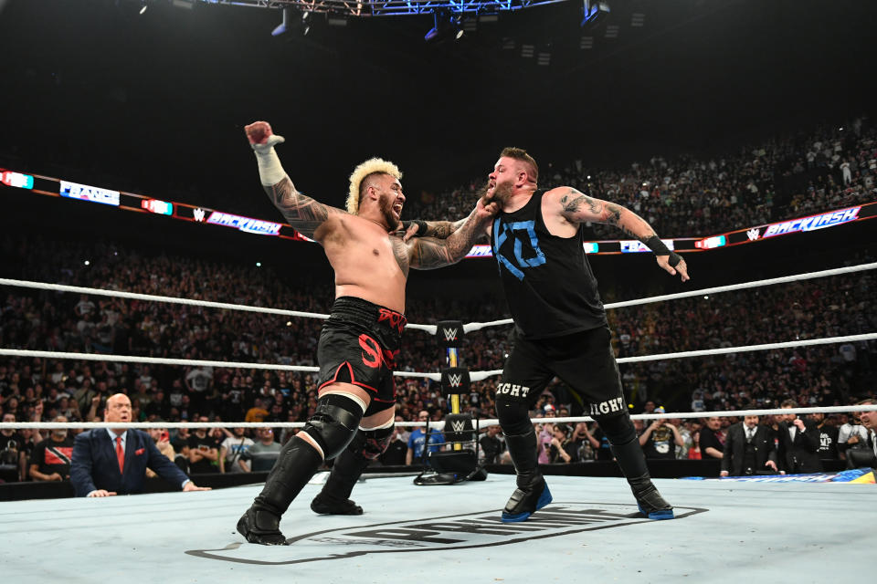 LYON, FRANCE - MAY 4: Solo Sikoa Samoan Spike's Kevin Owens during Backlash France at LDLC Arena on May 4, 2024 in Lyon, France. (Photo by WWE/Getty Images)