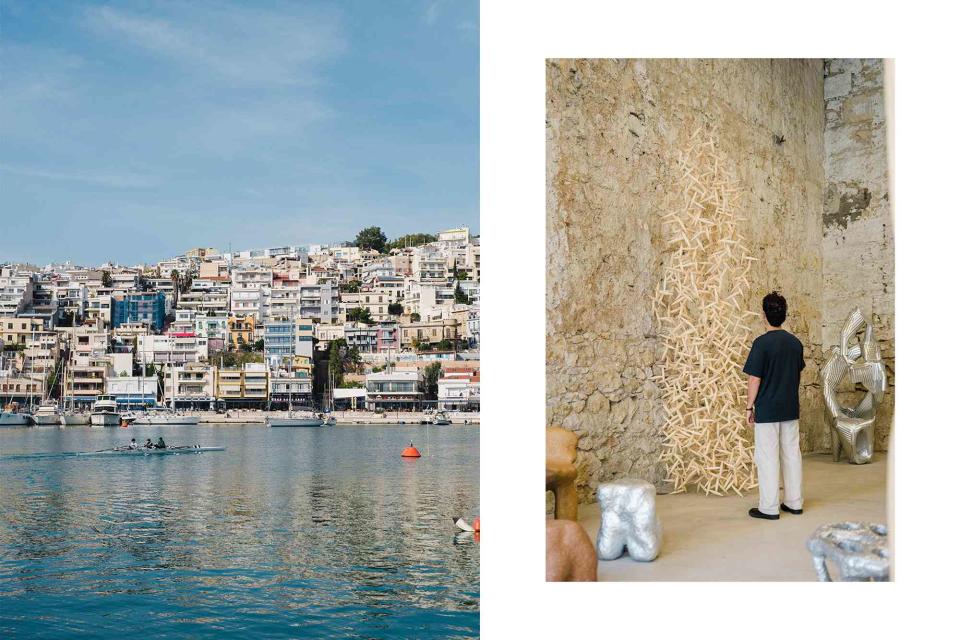 <p>Thomas Gravanis</p> From left: A view of the Piraeus neighborhood from Mikrolimano Harbor; taking in a piece from Sigve Knutsonâ